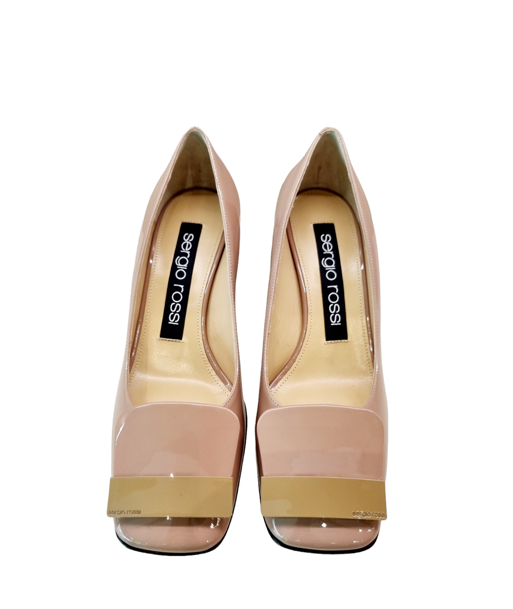 Sr1 Nude Patent Block Heel Pump - Sergio Rossi - Liberty Shoes Australia