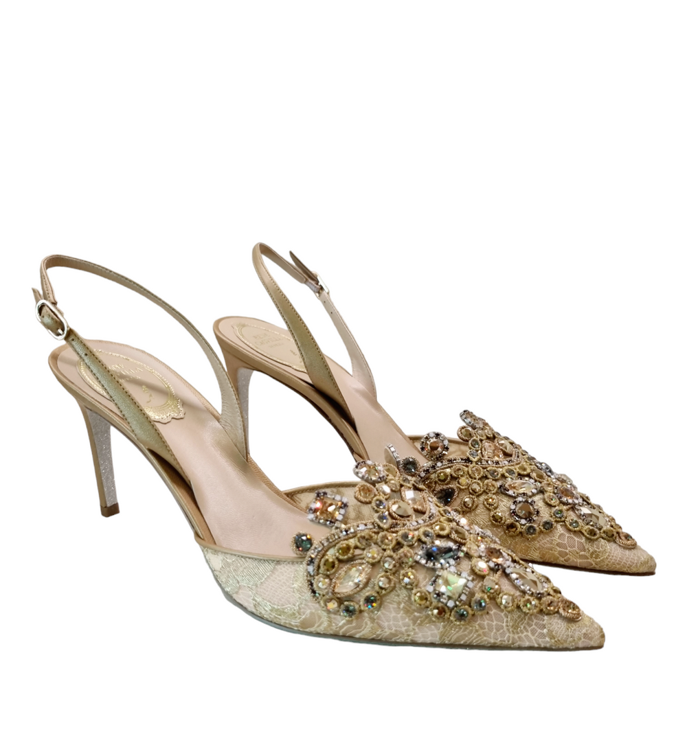 Veneziana Gold Lace Slingback Pumps - Sergio Rossi - Liberty Shoes Australia