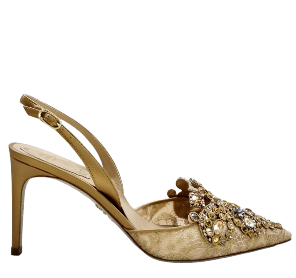 Veneziana Gold Lace Slingback Pumps - Rene Caovilla - Liberty Shoes Australia