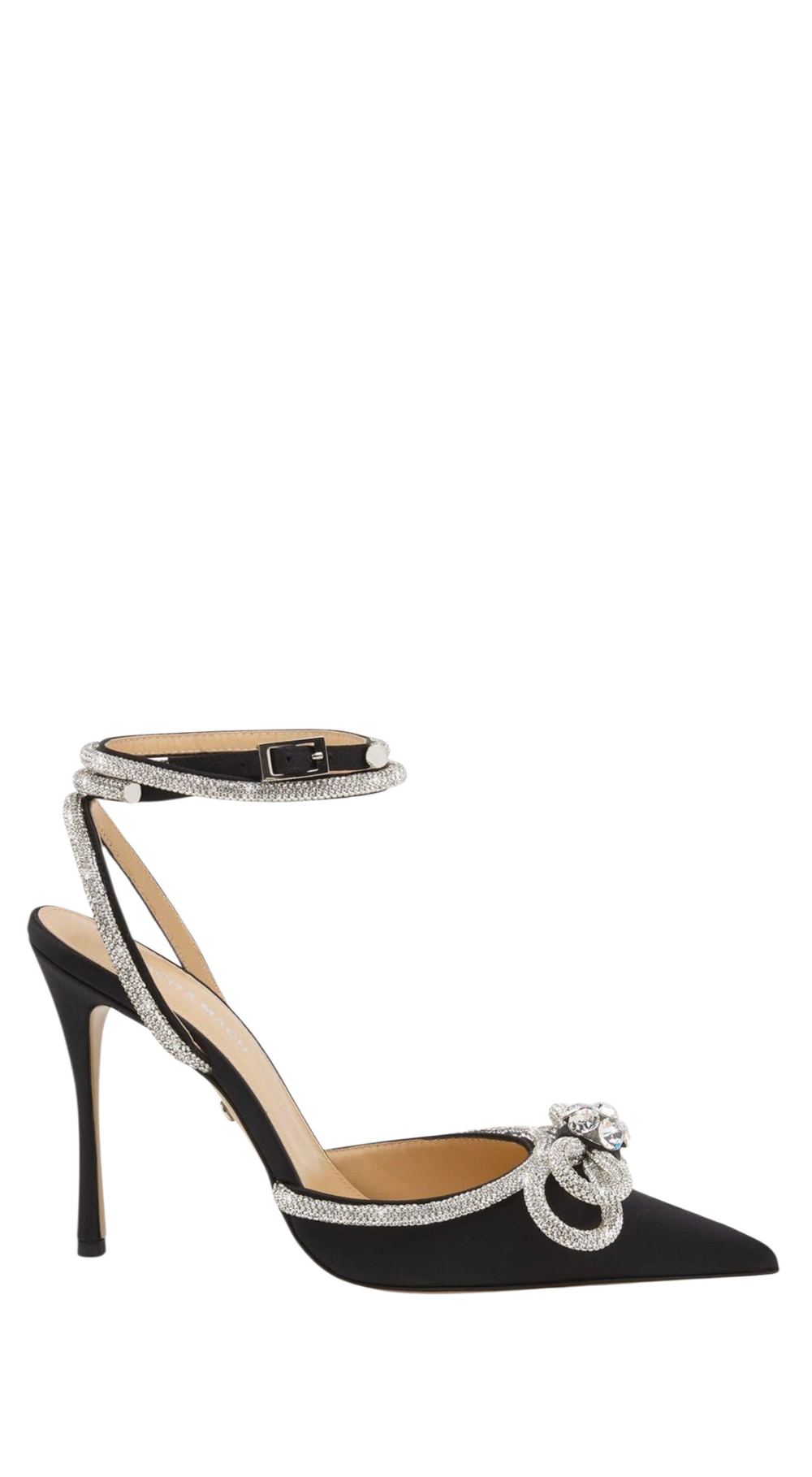 Double Bow Crystal Black Satin Heel